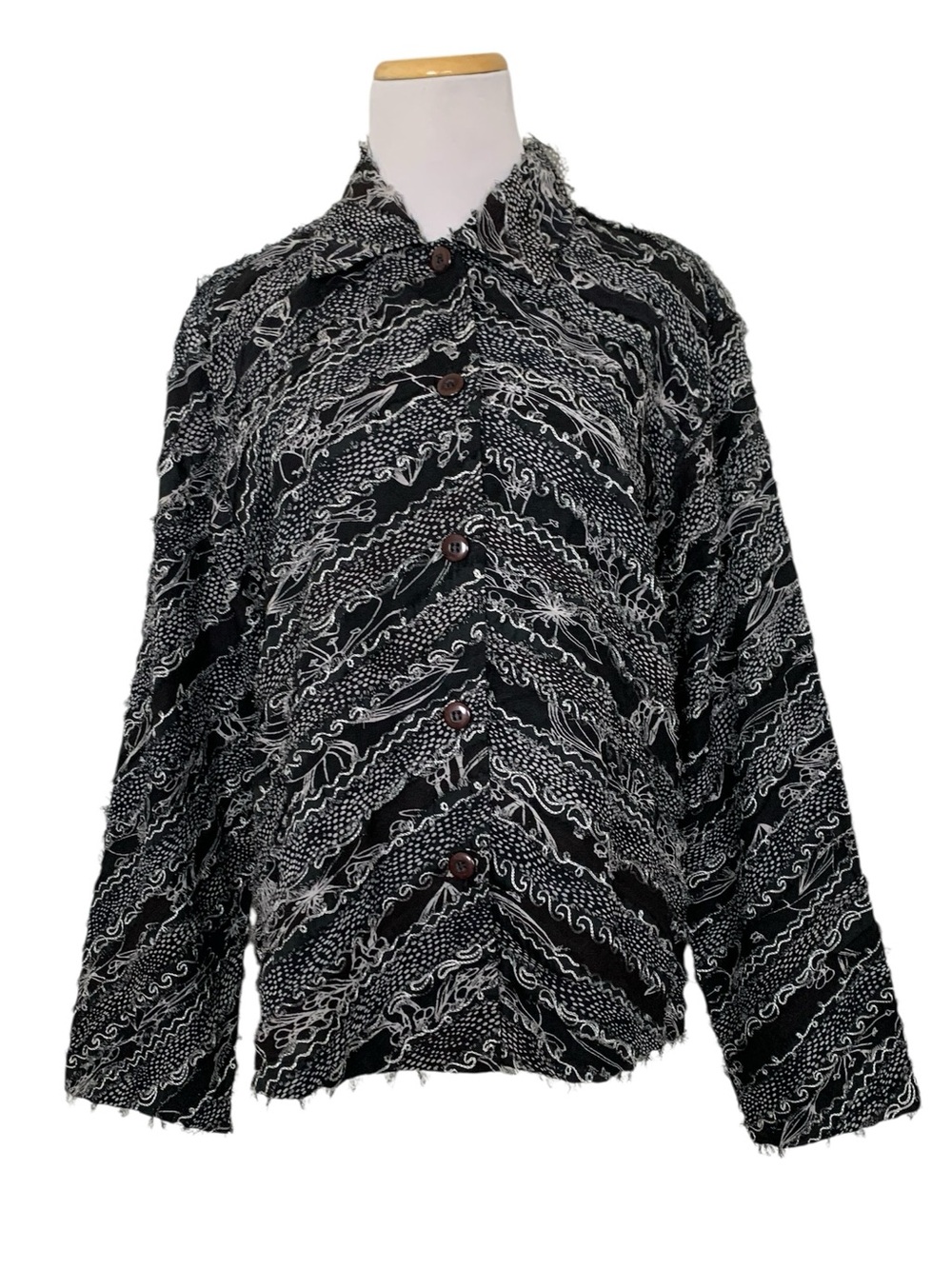 Keren Hart Soutache Frayed Seam Jacket Women’s M Black White Button Topper